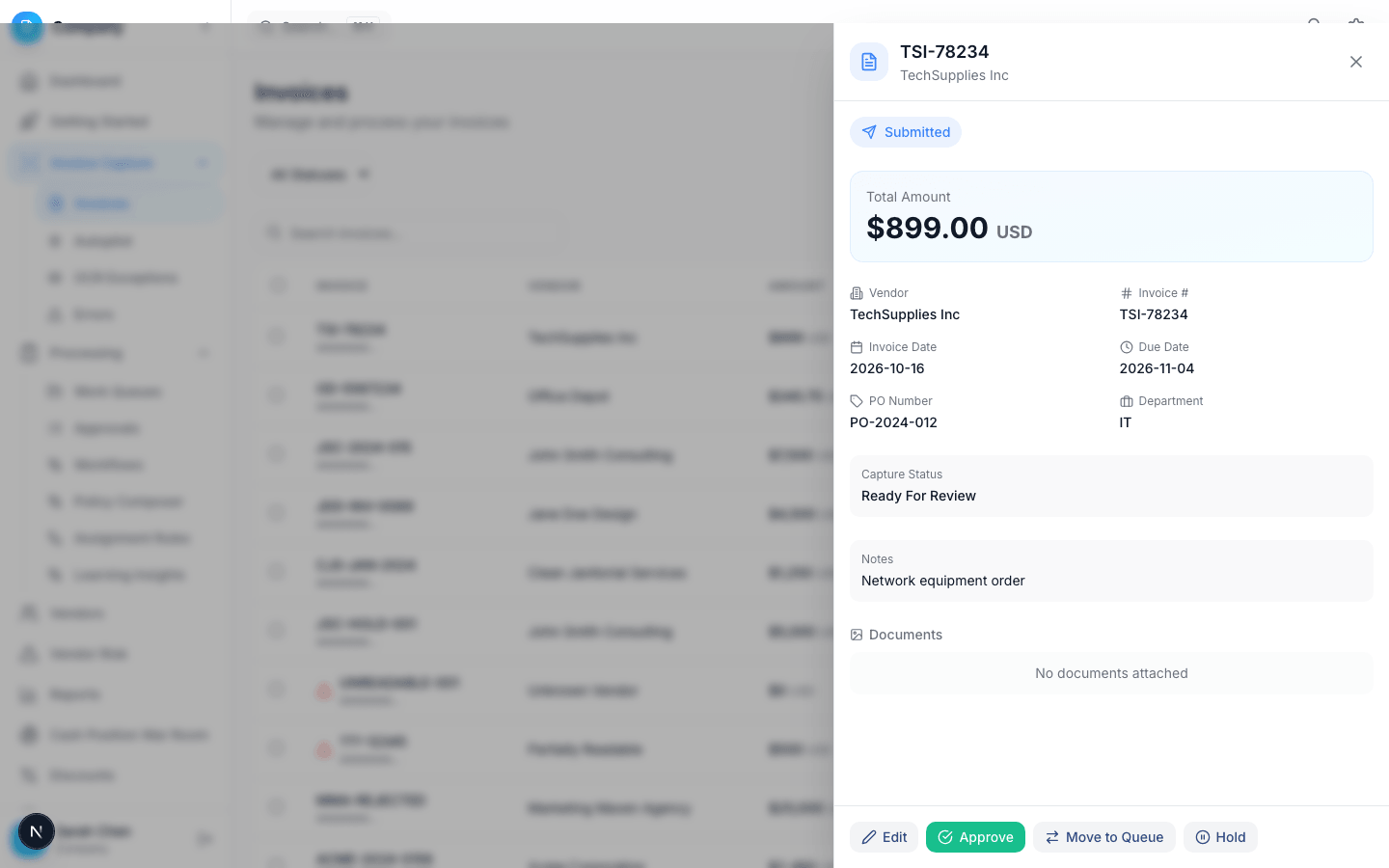 Invoice detail with synthetic vendor, amount, dates, and notes