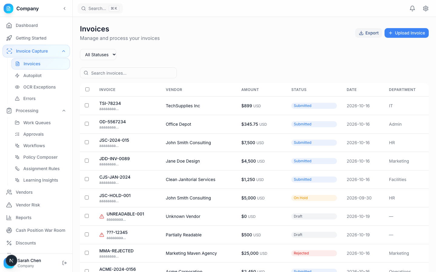 BillForge invoice list with synthetic vendors, amounts, and statuses