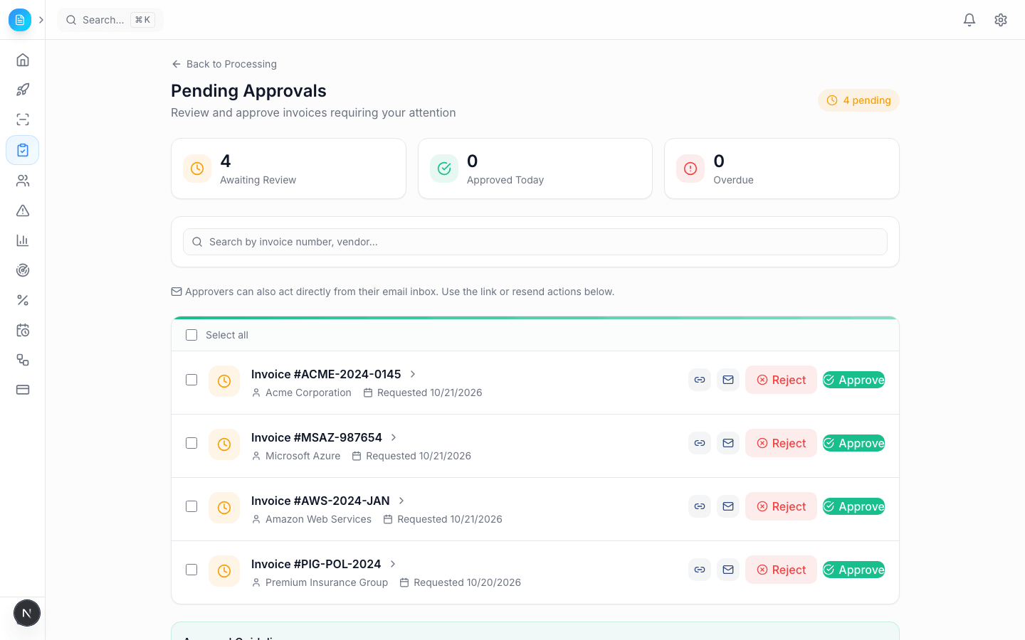 Pending invoice approvals in the synthetic organization