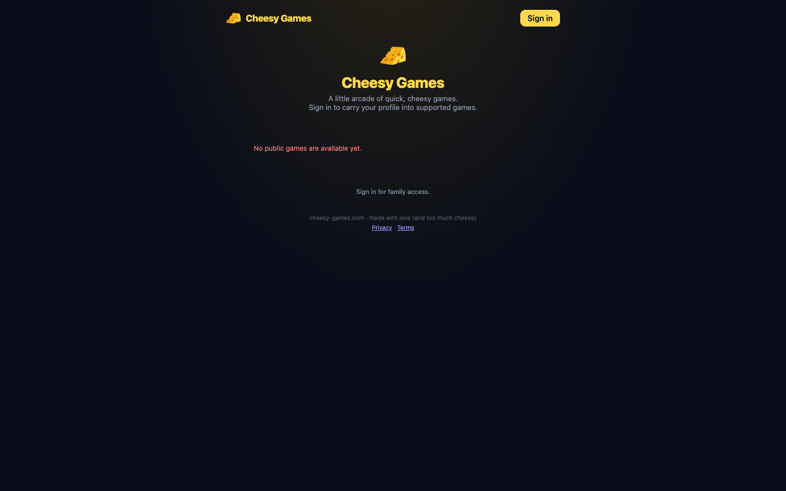 Cheesy Games public portal with sign-in and a notice that no public games are available