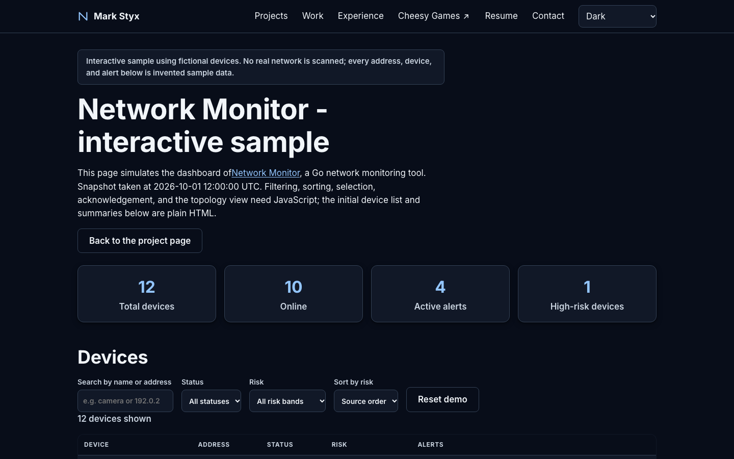 Portfolio dashboard sample with twelve fictional devices, risk summaries, and local controls