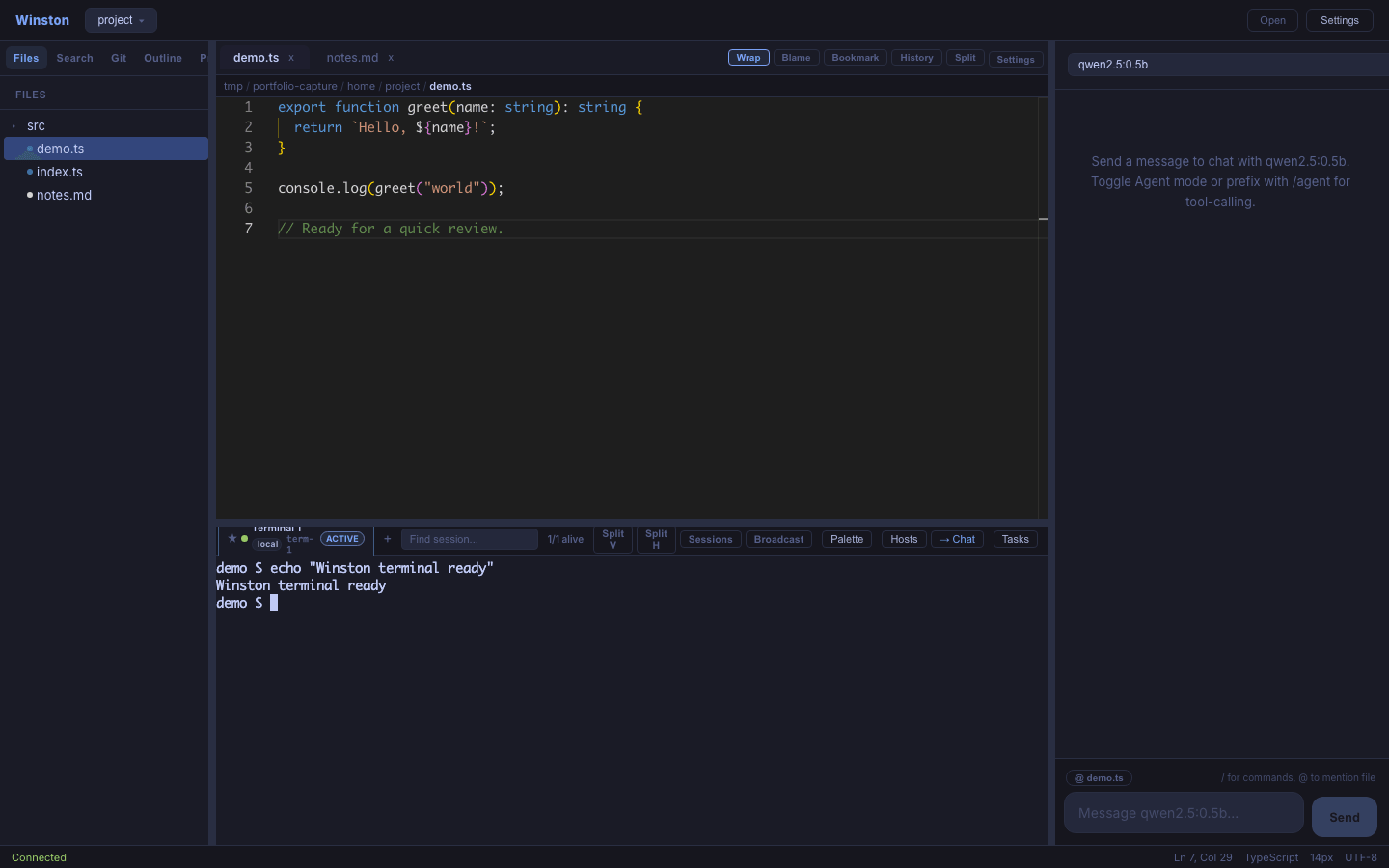 Winston desktop layout with sample code and terminal