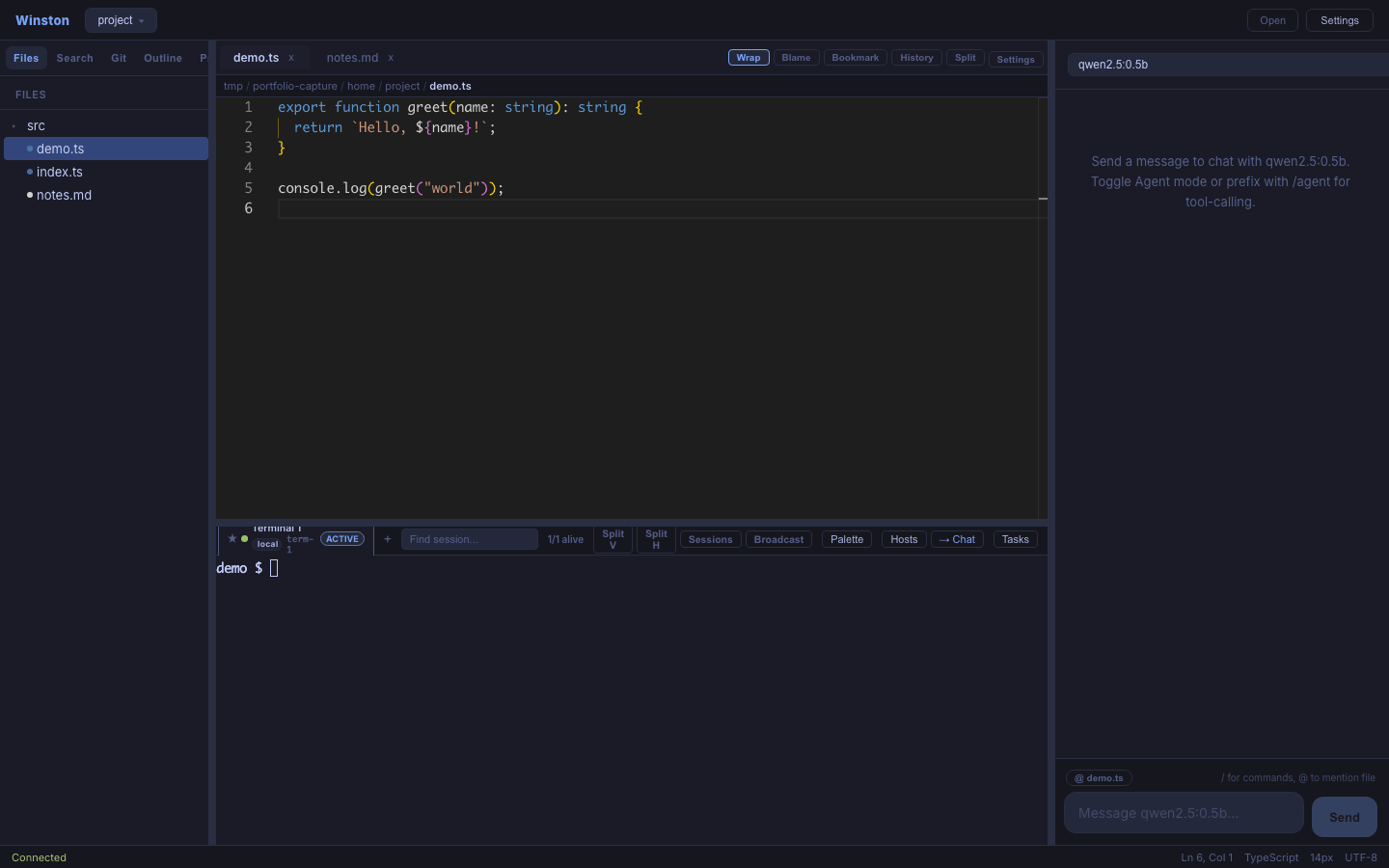 Winston IDE with the Monaco editor open, file tree, terminal panel, and chat panel